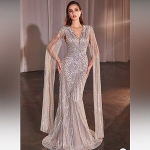 Silver Sequin Embellished Plunge Gown, prom or formal dress